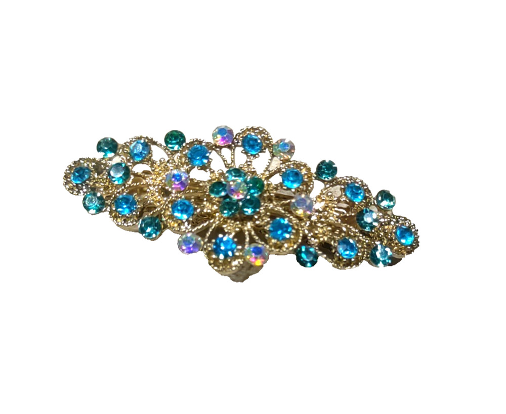 Turquoise Blue Rhinestone Gold Tone Hair Barrette Tension Clip Feminine